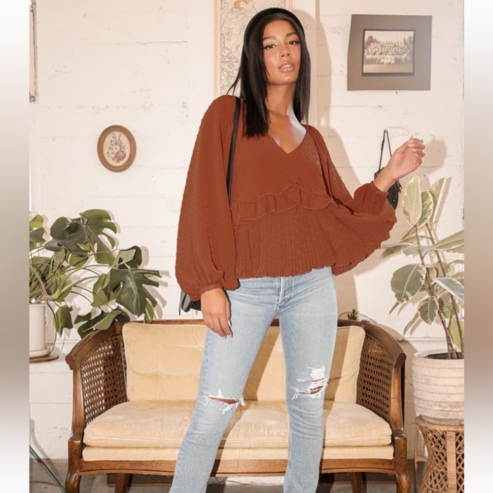 Lulus Thrills and Frills Rust Orange Swiss Dot Ruffled Long Sleeve Top